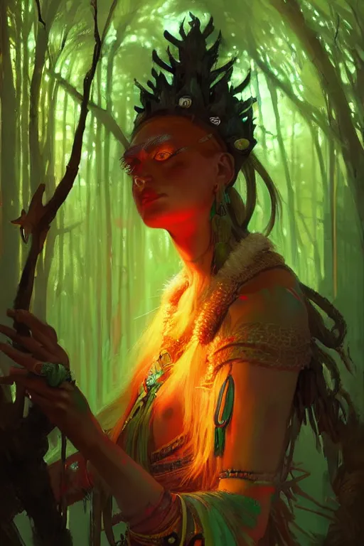 Prompt: Portrait of Shaman Queen in neon forest, digital art from artstation by Andreas Rocha and Greg Rutkowski and Peter Mohrbacher
