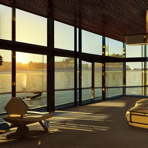 Prompt: a modern house with tall glass windows on the lake, golden hour, spotlight, backlight, sunlight, volumetric light, ray tracing reflections, insanely detailed and intricate, hypermaximalist, elegant, ornate, hyper realistic, super detailed