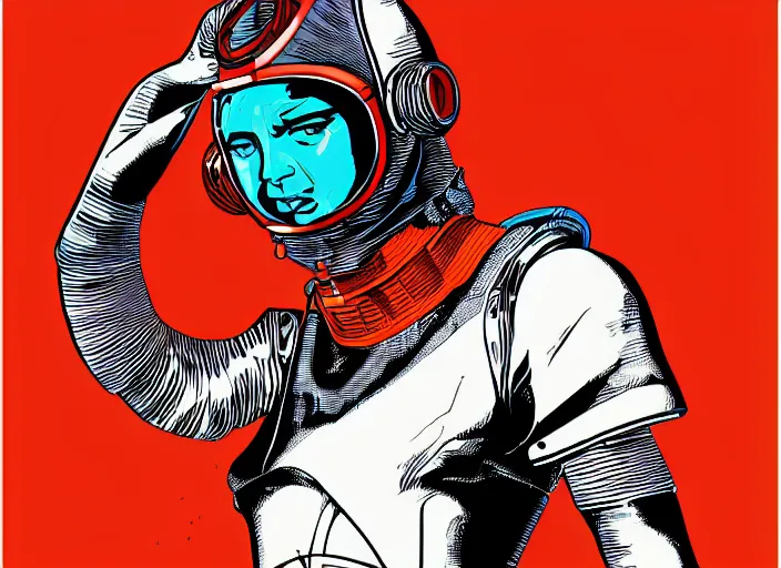 Prompt: martian citizen cyborg with surreal outfit by moebius, vector art, cyberpunk, red flat poster texture