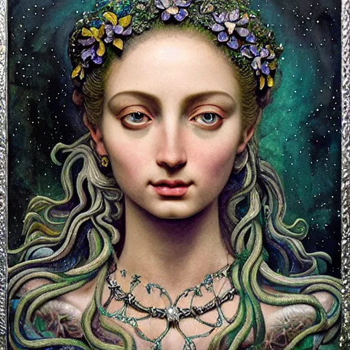 Prompt: baroque neoclassicist closeup renaissance portrait of moon goddess with stars in her hair, reflective detailed textures, glittering silver ornaments, dark fantasy science fiction painting, diego rivera, jean delville ruan jia, nicholas roerich, annie swynnerton, sam spratt, dramatic lighting, soft muted blue green color palette, floral tattoos, artstation