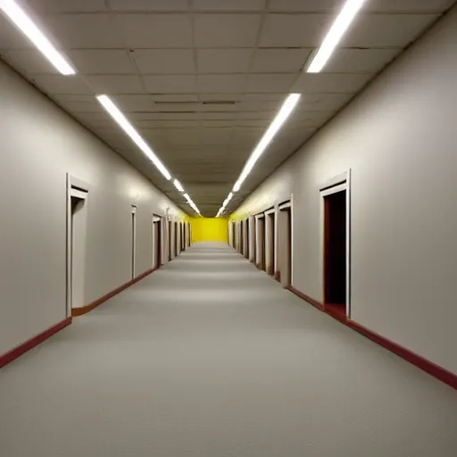 Image similar to Backrooms, old moist carpet, mono-yellow, fluorescent lights, randomly segmented rooms, eerie