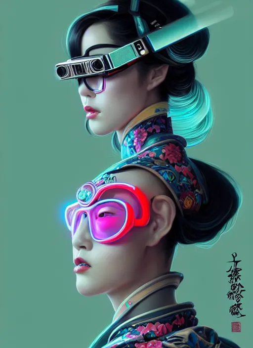 Prompt: portrait illustration of female japanese android wearing a vr eyewear and very detailed and intricate geisha kimono dress, intricate detail, cyber neon lighting, highly detailed, artstation, glamor pose, concept art, art by peter mohrbacher and boris vallejo and liam wong, pinterest, artstation, digital painting,