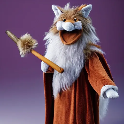 Image similar to photorealistic real life foxfolk wizard druid as a furry muppet plush wearing a fancy elven cloak and holding a sentient scimitar, photography, national geographic, sesame street