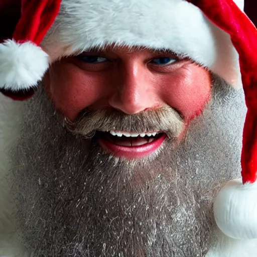 Prompt: muscular santa claus with sticky white glue on his face