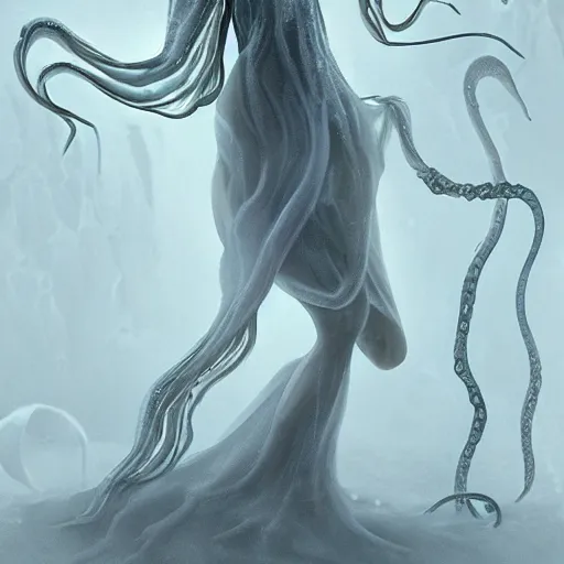 Image similar to concept designs of an ethereal ghostly wraith like figure with a squid like parasite latched onto its transparent skull and long tentacle arms that flow lazily but gracefully at its sides like a cloak while it floats around a frozen rocky tundra in the snow searching for lost souls and that hides amongst the frosted trees, this character has hydrokinesis and electrokinesis in the style of arcane the series on netflix