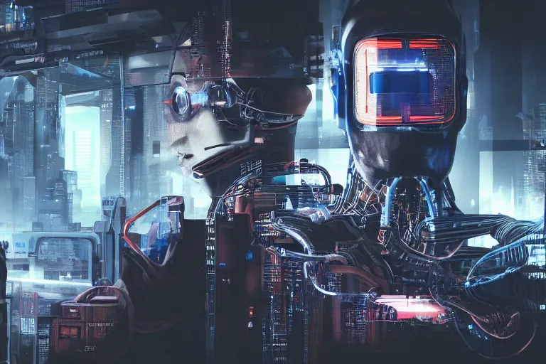 Prompt: cyberpunk robot with intricate machinery, headshot photography, 4K 3D render, desktopography, HD Wallpaper, digital art