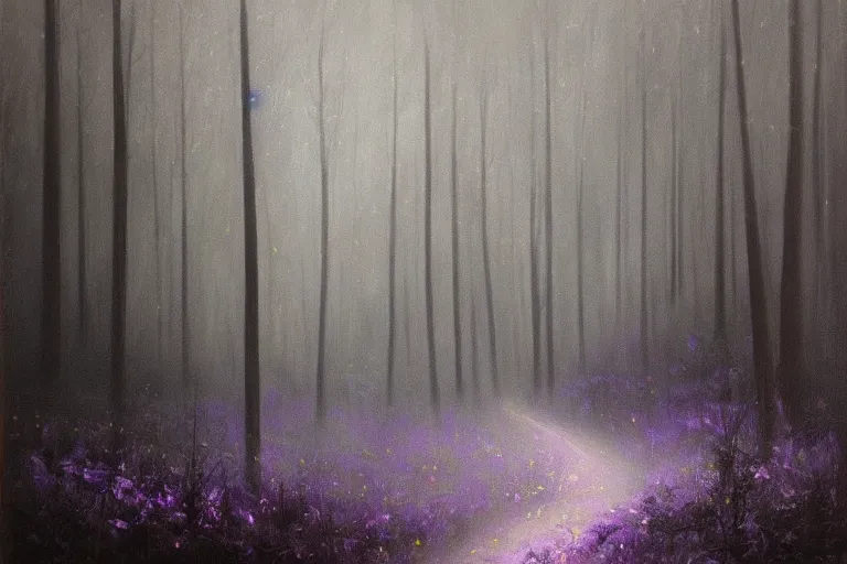 Image similar to dark and spooky painting of a forest dimly lit at night with tiny purple morning glory flowers trailing at the base of trees. foggy cinematic volumetric darkness, muted colour palette, detailed oil painting on canvas by robert hughes