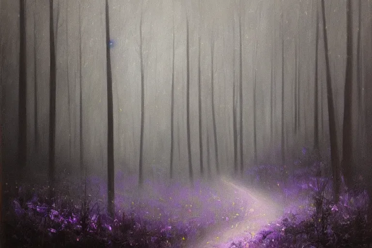 Prompt: dark and spooky painting of a forest dimly lit at night with tiny purple morning glory flowers trailing at the base of trees. foggy cinematic volumetric darkness, muted colour palette, detailed oil painting on canvas by robert hughes