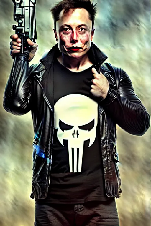 Image similar to elon musk as punisher, realistic portrait, skull on vest, highly detailed, digital painting, artstation, concept art, smooth, sharp focus, illustration, cinematic lighting, art by artgerm and greg rutkowski and alphonse mucha