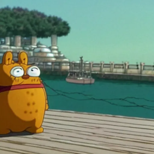 Prompt: a still of garfield in spirited away ( 2 0 0 1 )