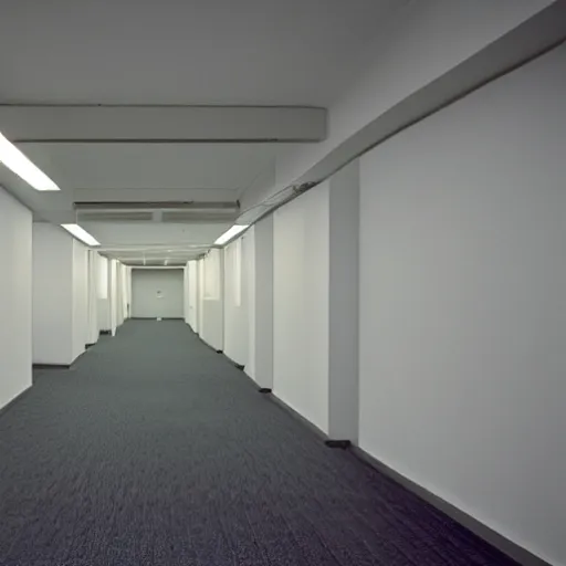Prompt: the backrooms : an endless maze of randomly generated office rooms and other environments. it is characterized by the smell of moist carpet, walls with a monochromatic tone of dirty off - white, 1 9 8 0's style carpeted walls and buzzing fluorescent lights % 5 0 working, general sense of run down and abandonment, pee stains on walls