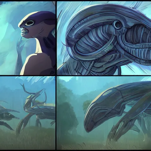 Image similar to concept art painting of alien creatures, detailed, cel shaded, in the style of makoto shinkai and moebius and james gurney