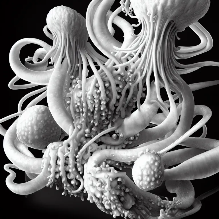 Image similar to still life of white flowers on a table, white alien squid, white octopus, , surreal alien ribbed white fruit, white human ribs human spine, baroque painting, beautiful detailed intricate insanely detailed octane render trending on Artstation, 8K artistic photography, photorealistic, chiaroscuro, Raphael, Caravaggio beautiful BW monochrome