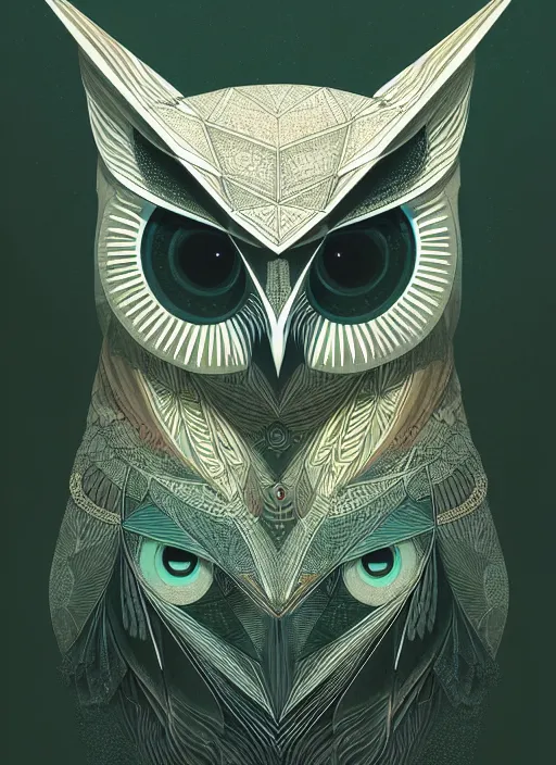 Image similar to portrait of a geometric owl, identical eyes, medium shot, illustration, full body made of white feathers, symmetrical, art stand, super detailed, cinematic lighting, and its detailed and intricate, gorgeous, by peter mohrbacher