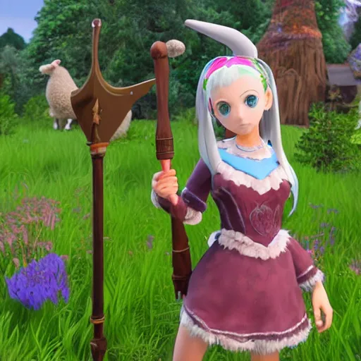 Prompt: 3d female character model, Rune Factory 5, hand painted textures on model, holding a shepards crook, fantasy, Nintendo Switch, colorful, Little Bo Peep, Spring, fluffy sheep in the background next to her, forest, ue4, midday