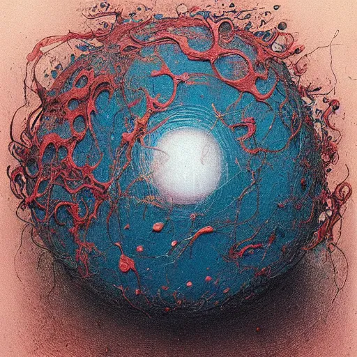 Image similar to a sphere being devoured by abstract splatters of paint in the style of francis bacon, venus being engulfed in flames in the style of james jean, surreal, beksinski, high detailed