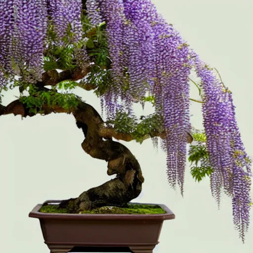 Image similar to photo of a wisteria bonsai tree, high detail, cinematic,