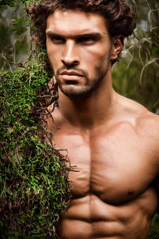 Prompt: close up, portrait of a muscular man, chiseled features, beautiful flowing brown curly hair, mythological, god of nature, defined muscles, artsy photography, film photo, 4 k, model posing, deep tan skin, trending on artstation, fashion photography, yellow eyes, overgrown background, dryad, verdant forest, face