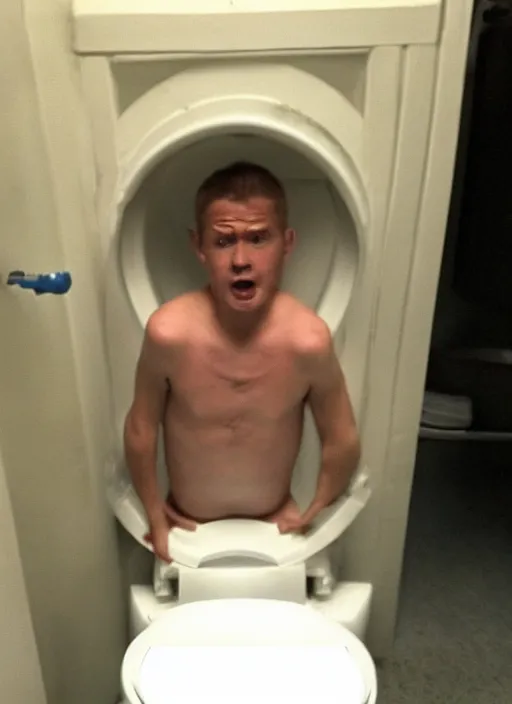 Image similar to tiny man stuck inside a toilet with only his head out, bad quality, shaky camera, funny