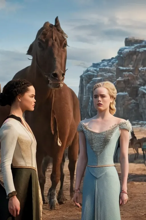 Image similar to Tessa Thompson and Evan Rachel Wood star in Disney's Westworld, in the style of frozen, Pixar movie screenshot