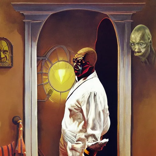 Prompt: dr. uncle ruckus telepathic space lord regally stands at the doorway of his palatial manse jamie wyeth greg rutkowski ralph steadman fernando botero norman rockwell acrylic painting