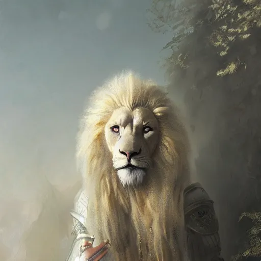 Image similar to a beautfiul award winning commission portrait of an anthro albino lion wearing diamond victorian armour,digital art,art by greg rutkowski,character design by charles bowater,photorealistic,ross tran,hyperdetailed,detailed face,fascinating,2021,western comic style