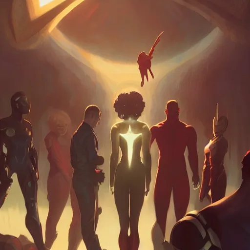 Image similar to avengers calarts, stephen bliss, greg rutkowski, loish, rhads, beeple, makoto shinkai, tom bagshaw, alphonse mucha, sharp focus, art by artgerm and greg rutkowski, stanley kubrick, backlit, harsh overhead sunlight,