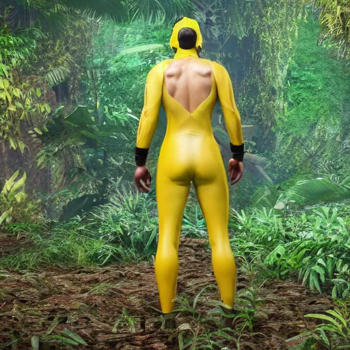 Image similar to « a person wearing yellow hazma suit, in a dark jungle, photorealistic, unreal engine 5, full body portrait, back view »