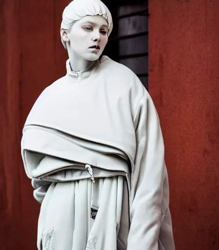 Image similar to well lit fashion shoot portrait of extremely beautiful female marble statue wearing huge over size puffer jacket by dingyun zhang, yeezy, balenciaga, vetements, a cold wall, sharp focus, clear, detailed,, cinematic, detailed, off white, glamourous, symmetrical, vogue, editorial, fashion, magazine shoot, glossy