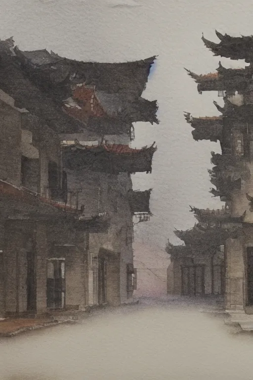 Image similar to A watercolor of Wukang Mansion, a deserted street after rain, cloudy overcast sky, poignant, high contrast of light and dark, smooth, by Joseph Zbikowicz, 8k