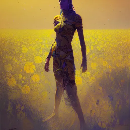 Prompt: concept art by Neil Blevins, James Paick, Natasha Tan Maciej Kuciara, highly detailed, ultra realistic Mediterranean skinned woman with ancient Canaanite clothing walking in a field of vibrant yellow flowers in the middle east long-range plan cinematic lighting