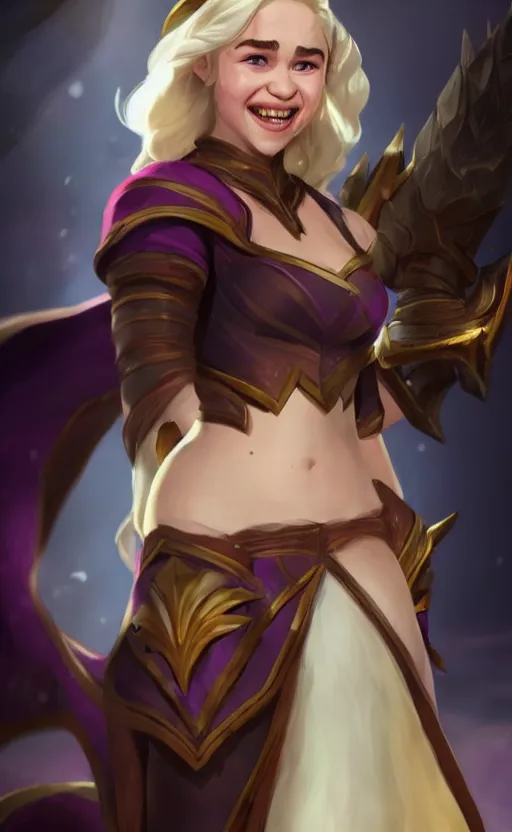 Image similar to Emilia Clarke as a character in the game League of Legends, with a background based on the game League of Legends, smiling, detailed face, old 3d graphics