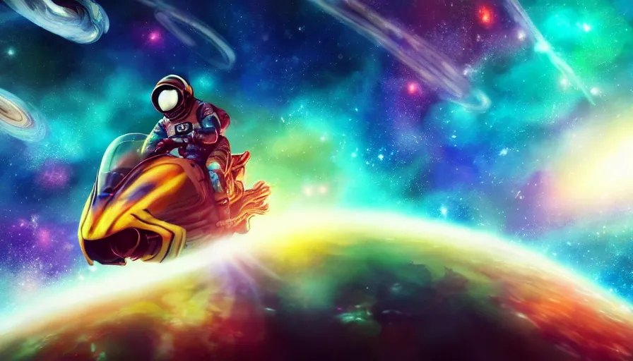 Image similar to incredible wide screenshot, ultrawide, simple watercolor, rough paper texture, anime movie scene, backlit distant shot of astronaut riding on a huge squid swimming through space, colorful background, planets, space dust, lens flare.