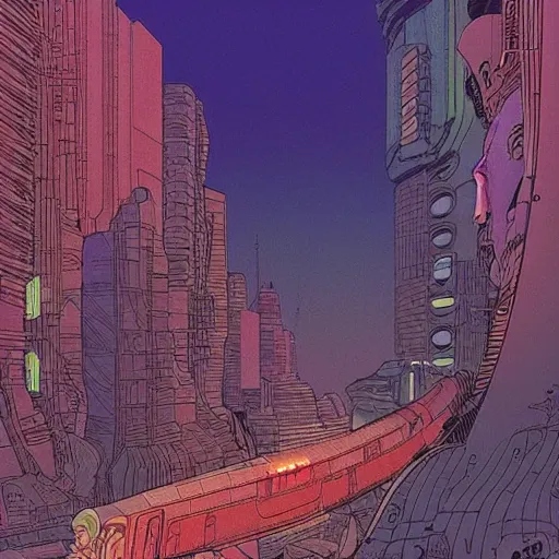 Image similar to moebius, Jean Giraud, cyberpunk, landscape, city, epic, artstation, dusk