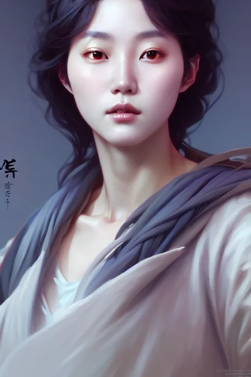 Image similar to beautiful digital painting of lee jin - eun gray background with high detail, 8 k, stunning detail, works by artgerm, greg rutkowski and alphonse mucha, unreal engine 5, 4 k uhd