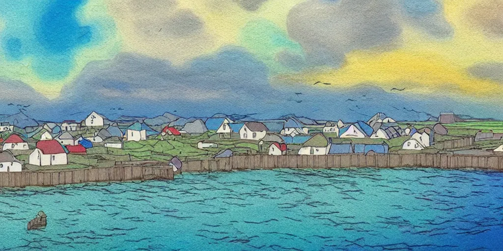 Image similar to a beautiful painting of a icelandic fishing village, storm clouds gathering over the town, by studio ghibli 8 k pastel colours, isometric drone shot smeared watercolours, golden light film grain