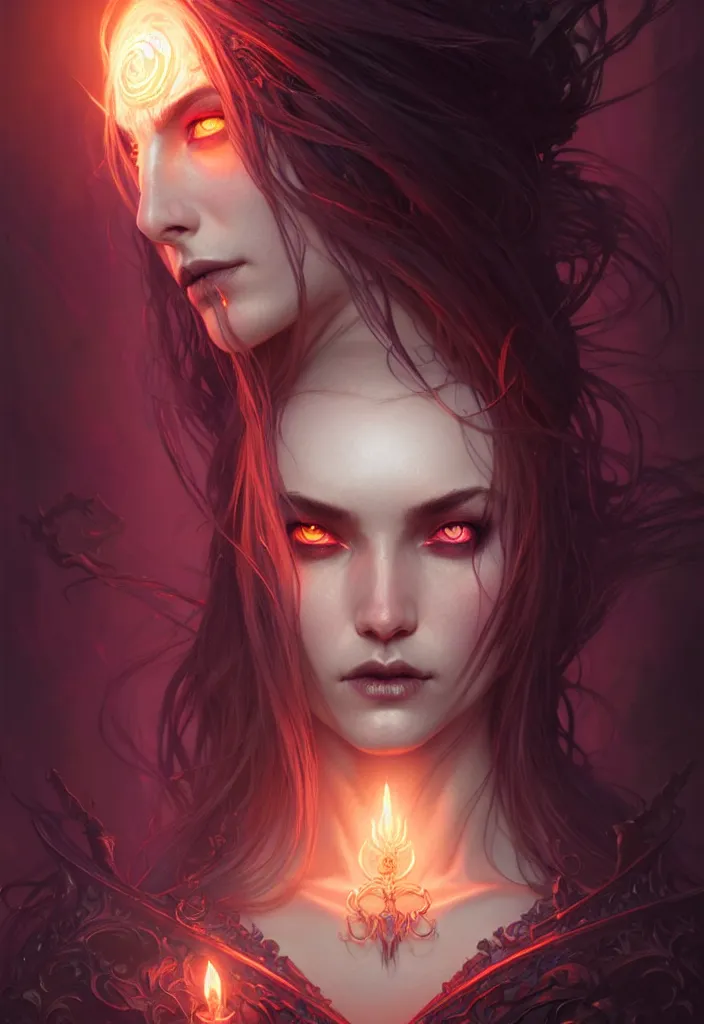 Image similar to Necromancer Sorceress face in center, fantasy magic, undercut hairstyle, dark light night, intricate, elegant, sharp focus, illustration, highly detailed, digital painting, concept art, matte, art by WLOP and Artgerm and Greg Rutkowski and Alphonse Mucha, masterpiece