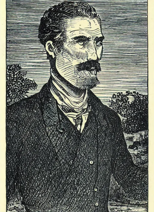 Image similar to 19th century wood-engraving of a man stand in front of a field looking confused, whole page illustration from Jules Verne book, art by Édouard Riou Jules Férat and Henri de Montaut, frontal portrait, high quality, beautiful, highly detailed, removed watermarks