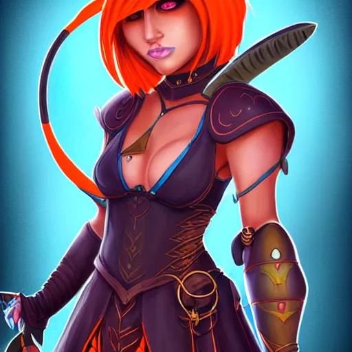 Image similar to illustrated portrait of youthful female feminine horned tiefling female bard with long blue bob cut hairstyle, her skin is orange and tanned, and her eyes are pure black orbs, and she is wearing colorful leather armor by rossdraws,