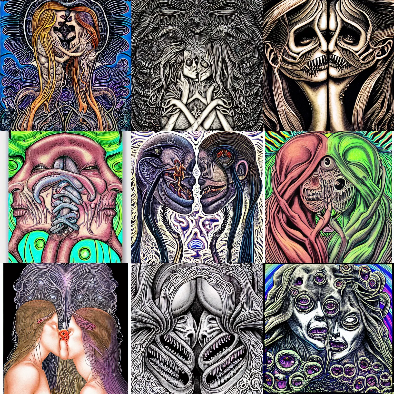 Prompt: two adorable, intertwined, Eldritch, women abominations of unimaginable horror kissing each other close-up by Alex Grey and H.R. Giger, speculative evolution, horror manga, psychedelic illustration, sticker illustration