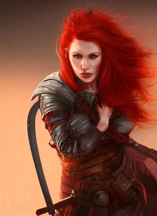 Prompt: Redhead female fighter with long katana, fantasy, medieval, vivid colors, fantasy, elegant, concept art, sharp focus, beautiful face!!, digital art, Hyper-realistic, 4K, Unreal Engine, Highly Detailed, HD, Dramatic Lighting by Brom, trending on Artstation