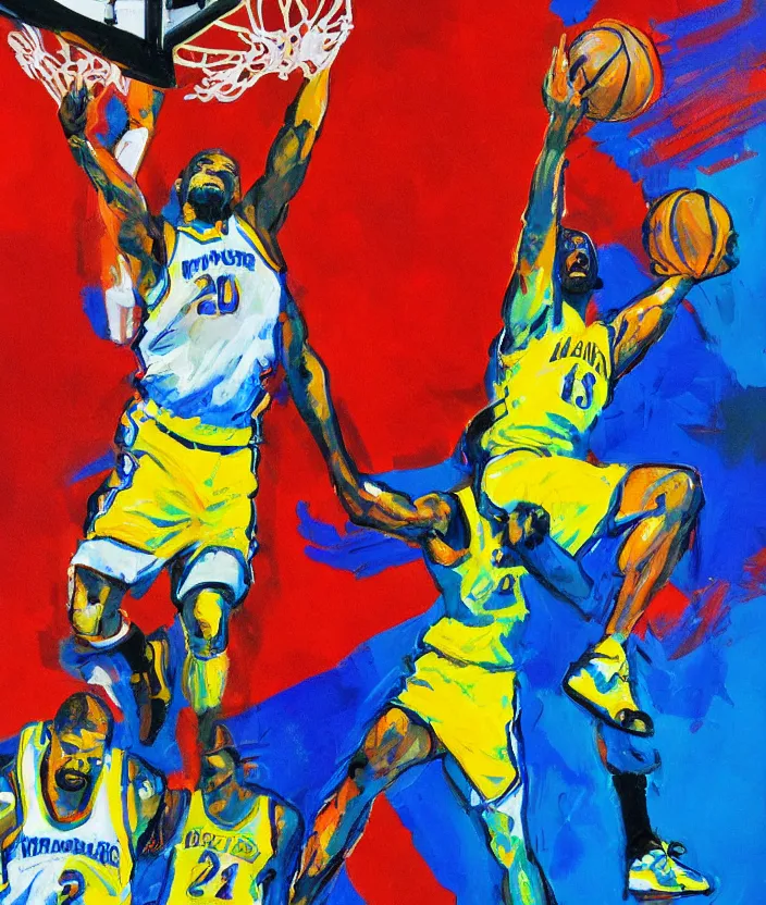 Image similar to ( ( ( expressionist painting of walter white dunking a basketball ) ) ), dynamic perspective, expressionist, colorful, detailed, many layered colores