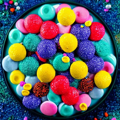 Prompt: real 7 5 mm photograph of a brigadeiro covered in colorful sprinkles