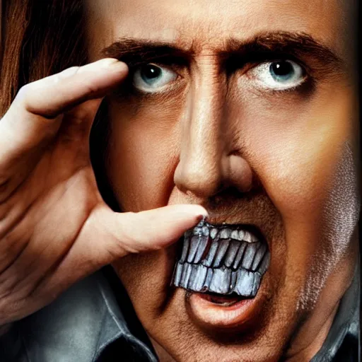 Prompt: nicolas cage trapped in a wicker cage with peas on his face, screaming, movie still, hdr