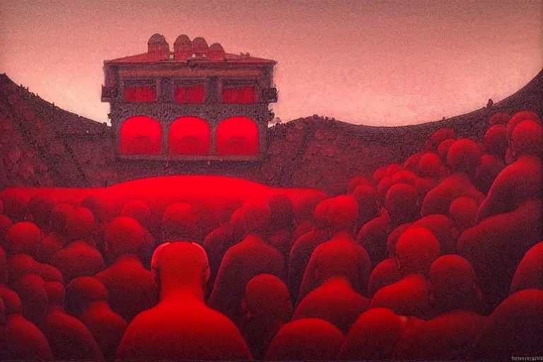 Prompt: only with red, a red melted emperor in an authoritarian position, taormina amphitheatre, crowd hails him, in the style of beksinski, parts by edward hopper, parts by rodcenko, parts by yue minjun, intricate and epic composition, red by caravaggio, insane quality, highly detailed, masterpiece, red light, artstation