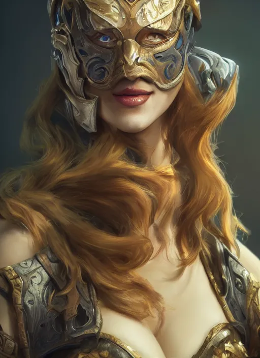 Image similar to renata glasc, from league of legends, wearing a mask, au naturel, hyper detailed, digital art, trending in artstation, cinematic lighting, studio quality, smooth render, unreal engine 5 rendered, octane rendered, art style by klimt and nixeu and ian sprigger and wlop and krenz cushart