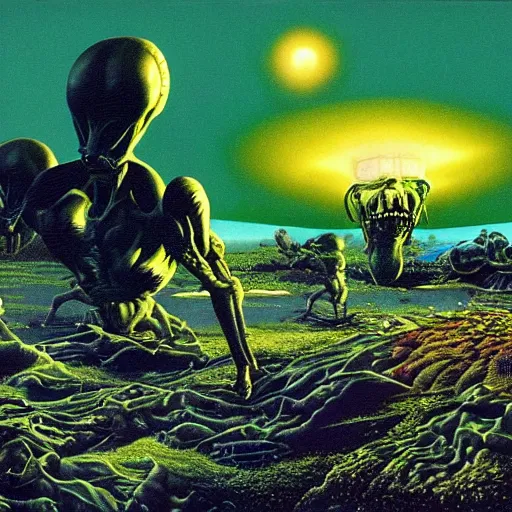 Image similar to a hyperrealistic painting of an alien invasion, by chris cunningham and richard corben, highly detailed, vivid color,
