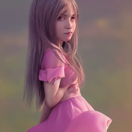 Image similar to girl with long hair and pink dress, real photo, posed, full body, instagram photo, kodak, portra, by wlop, ilya kuvshinov, krenz, cushart, pixiv, zbrush sculpt, octane render, houdini, vfx, cinematic atmosphere, 8 k, unreal engine 5, ultra detailed, photorealistic, ultra realistic