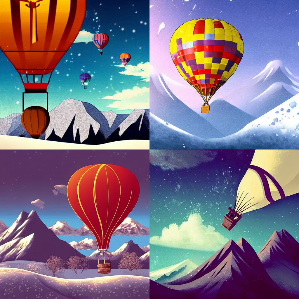 Prompt: “a hot air balloon floating above a snowy landscape with mountains, anime key visual”