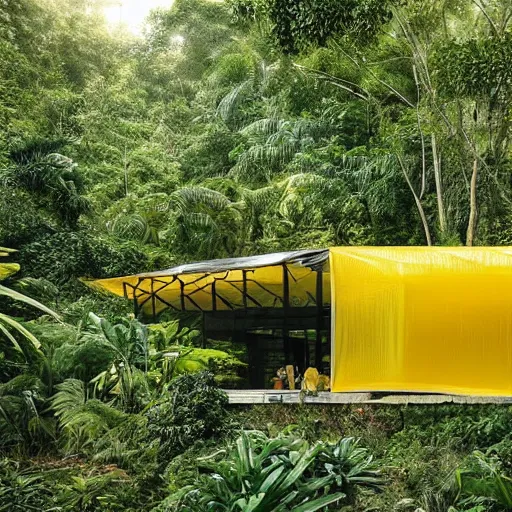 Prompt: “exterior shot of a crystalline glass house full of people with translucent yellow mesh tarps in a dense jungle”